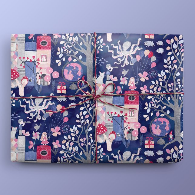 Papier Cadeau Livres Fairytale et Créatures Magiques Bleu (Gift Mockup)