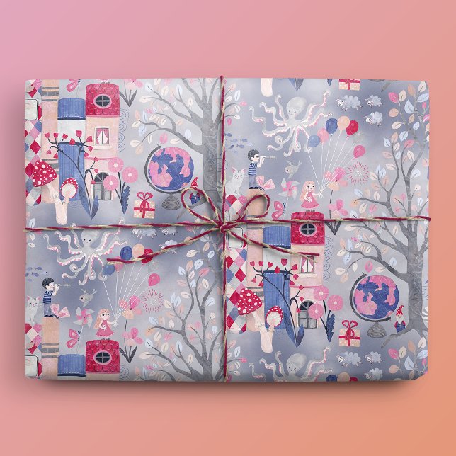 Papier Cadeau Livres Fairytale et Créatures Magiques Gris (Gift Mockup)