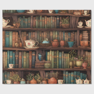 Papier Cadeau Livres, théières et plantes sur des étagères