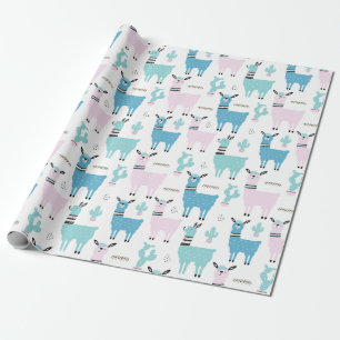 Papier Cadeau Llama Alapaca Baby shower bleu rose Anniversaire