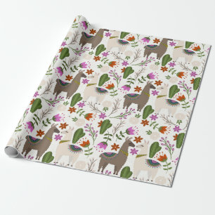 Papier Cadeau Llamas et cactus en blanc
