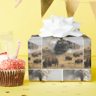 Papier Cadeau Locomotive à vapeur avec des bisons qui paissent