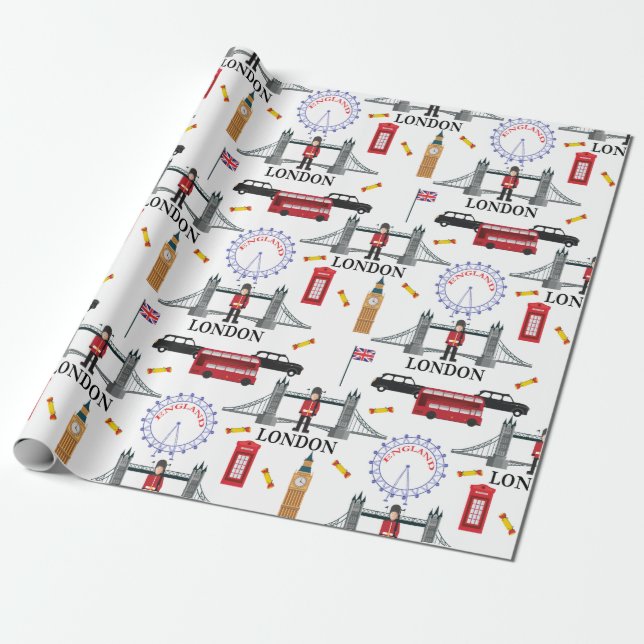 Papier Cadeau Londres Angleterre Queens Guard Motif anglais Wrap (Déroulé)