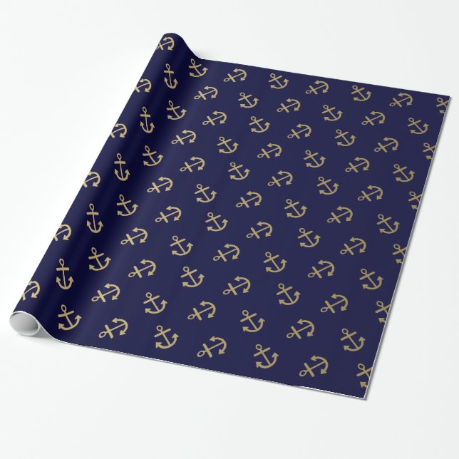 Papier Cadeau L'or ancre le motif d'arrière - plan de bleu (Déroulé)