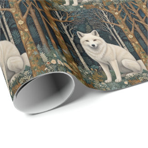 Papier Cadeau Loup blanc vintage boho forêt sylvestre 
