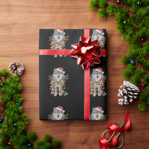 Papier Cadeau Loup de Noël Chapeau du Père Noël Lumières de Noël