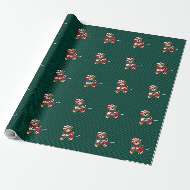 Papier Cadeau L'Ours en peluche de Noël vert personnalisé (Déroulé)