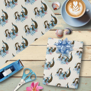 Papier Cadeau Loutre de rivière fantaisiste bleue ludique éclabo