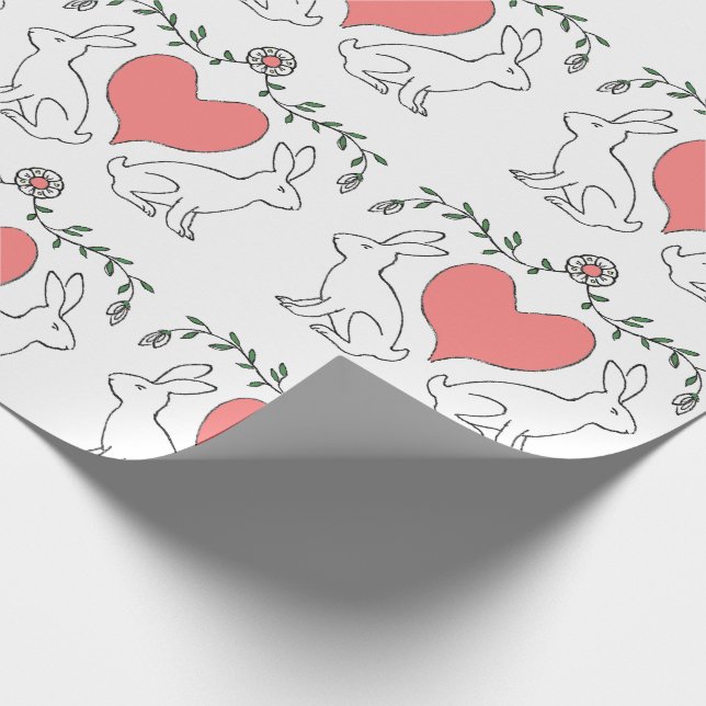 Papier Cadeau Love Bunny Heart Blanc Imprimer Papier à enveloppe (Coin)