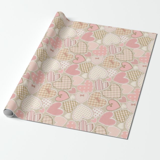 Papier Cadeau Lovely Patchwork Pink Coeurs & Bows Girly (Déroulé)