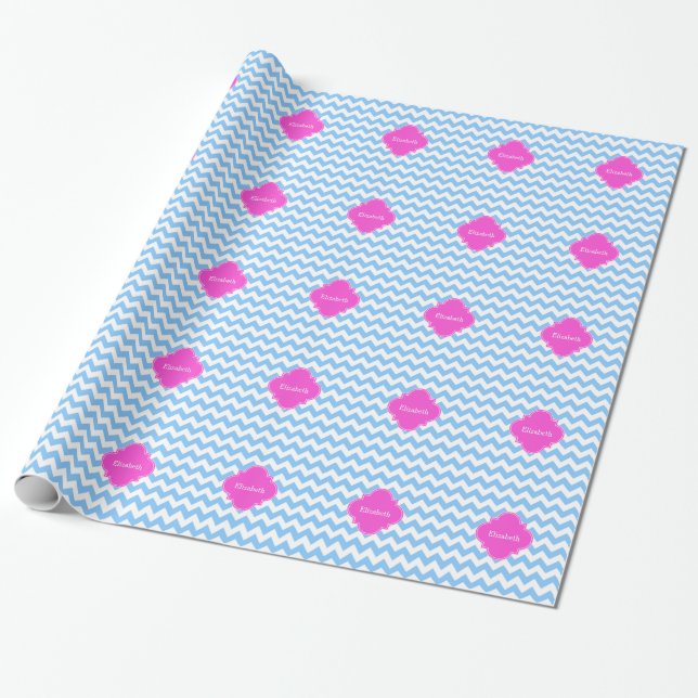 Papier Cadeau Lt Blue What Chevron Hot rose Quatrefoil Monogramm (Déroulé)