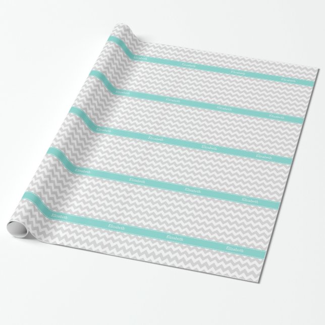 Papier Cadeau Lt Gray Wht Chevron Aqua Turquoise Nom monogram (Déroulé)