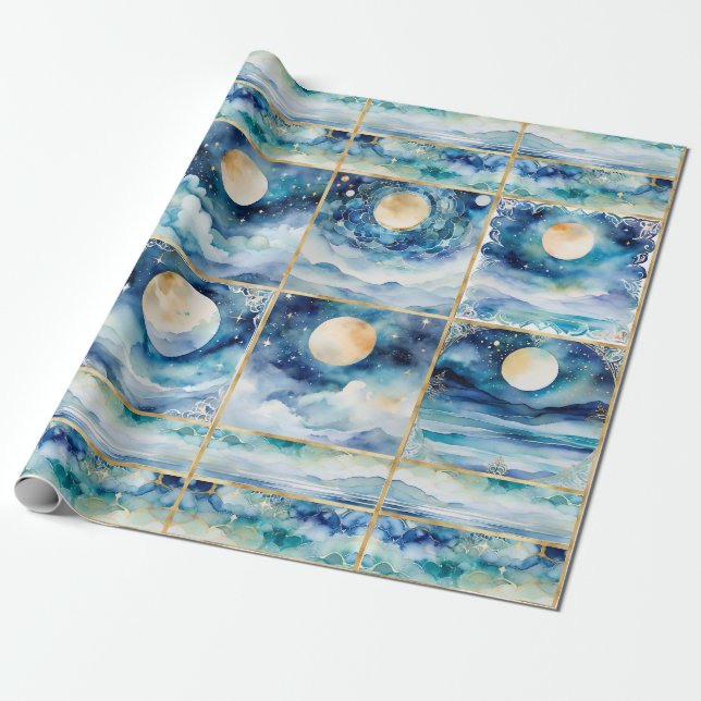 Papier Cadeau Lumière Lune Mystique Étoiles Océan Bleu Mer Décou (Déroulé)