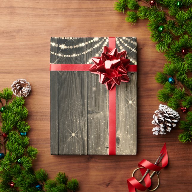 Papier Cadeau Lumières de fées en bois rustique Noël étincelant (Cadeau de vacances)