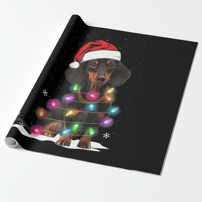 Papier Cadeau Lumières De Noël Dachshund Avec Neige (Déroulé)