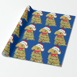 Papier Cadeau Lumières de Noël Goldendoodle bleu
