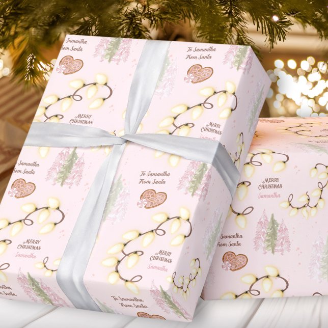 Papier Cadeau Lumières de Noël Moderne Pink Pastel Nom personnal (Christmas Lights Modern Pink Pastel Custom Name Wrapping Paper)