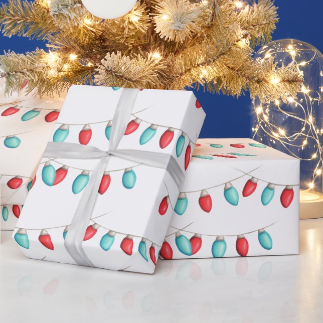 Papier Cadeau Lumières de Noël rouge et turquoise à motifs (Vacances)
