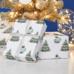 Papier Cadeau Lumières de sapin de Noël à ornement de magie bleu