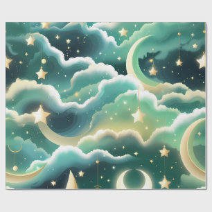 Papier Cadeau – Lune Céleste Vert Menthe Luxe