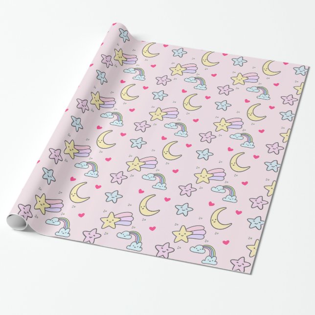 Papier Cadeau Lune, étoiles et nuages Motif sur Pastel Pink (Déroulé)