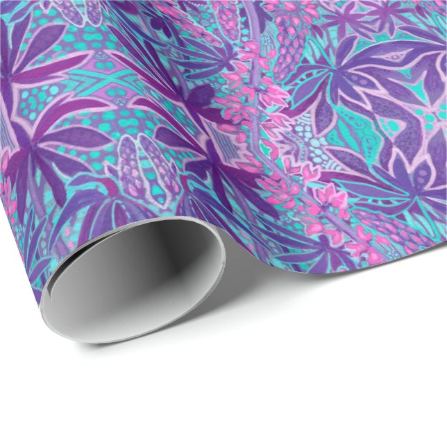 Papier Cadeau Lupine Fleurs Bohème Arabesque Motif Violet (Coin rond)