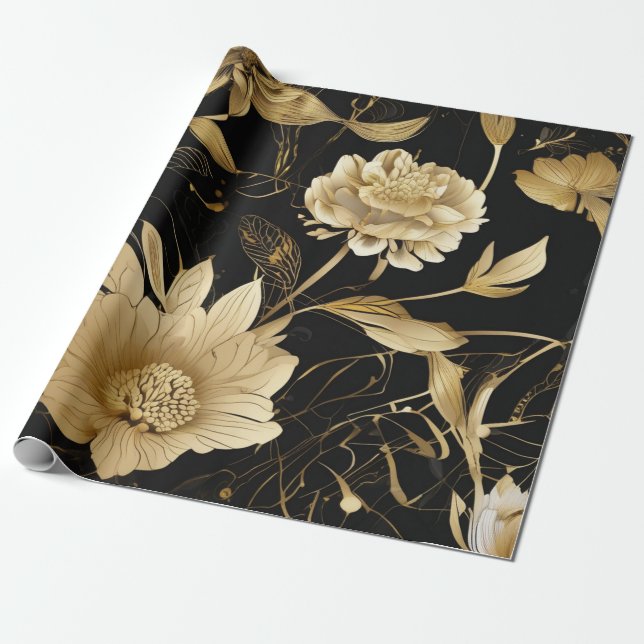 Papier Cadeau Luxe Blooms : Black & Gold Elegance (Déroulé)