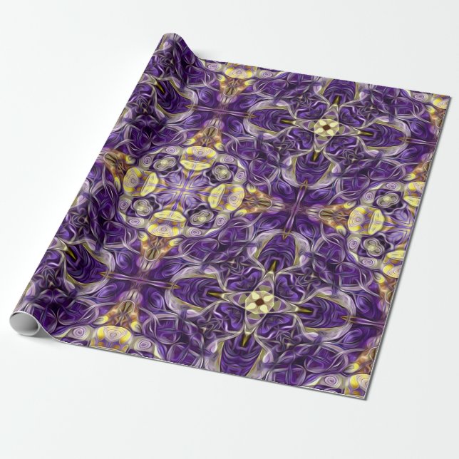 Papier Cadeau Luxe, élégant, motif vintage, violet, jaune (Déroulé)