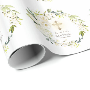 Papier Cadeau Luxe Fleurs blanches délicates Croix d'or Baptême