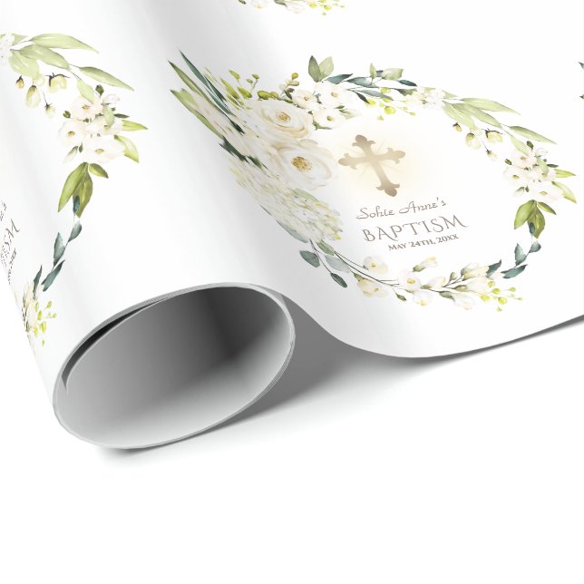 Papier Cadeau Luxe Fleurs blanches délicates Croix d'or Baptême (Coin rond)
