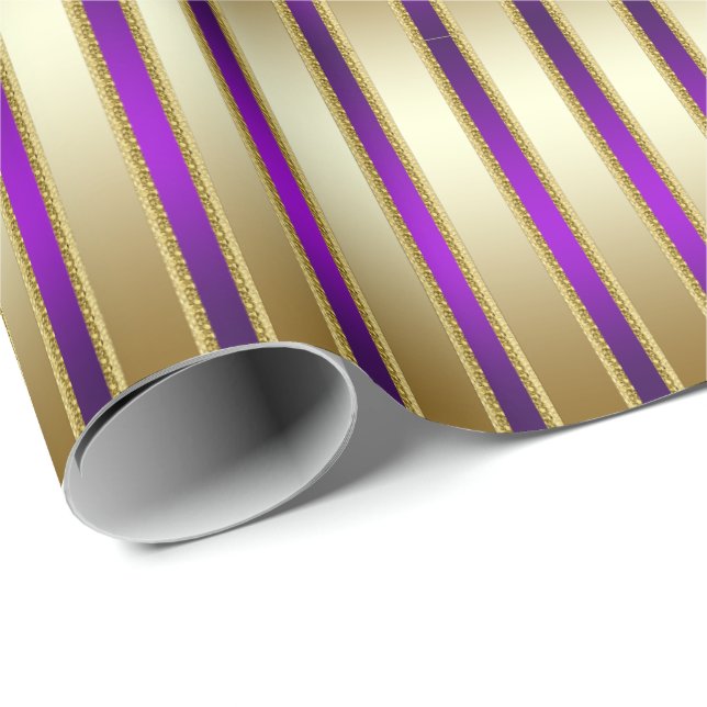 Papier Cadeau Luxe Shiny Gold et Royal Purple Stripes (Coin rond)