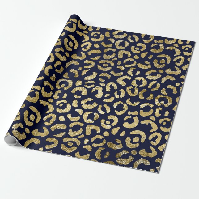 Papier Cadeau Luxueux Empreinte de léopard Glam Gold Navy (Déroulé)