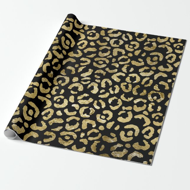 Papier Cadeau Luxueux Glam Gold Empreinte de léopard noir (Déroulé)
