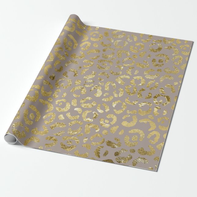Papier Cadeau Luxueux Glam Gold Taupe Empreinte de léopard (Déroulé)