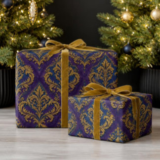 Papier Cadeau Luxueux Noël damassé pourpre, bleu royal et or