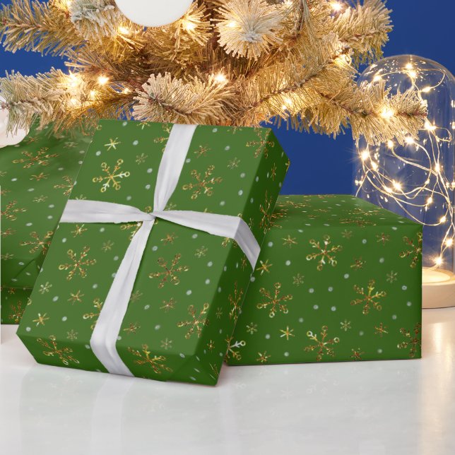 Papier Cadeau Luxueux Snowflakes Golden Green, Joyeux Noël (Vacances)