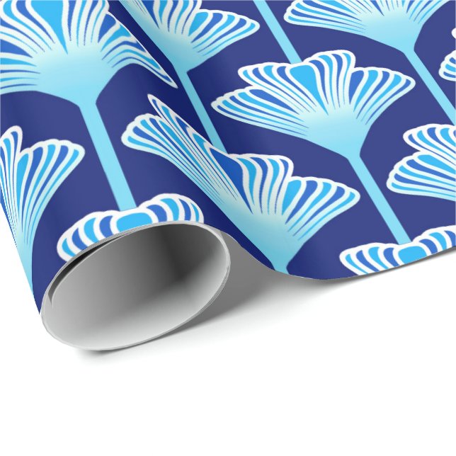 Papier Cadeau Lys Art Déco, Bleu Cobalt, Aqua et Blanc (Coin rond)