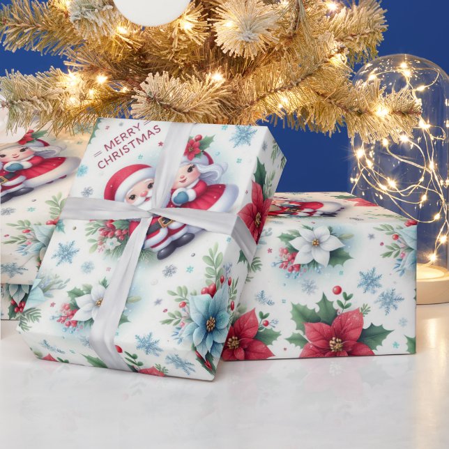 Papier Cadeau M. et Mme Claus, Rudolph, Poinsettias et Holly (Vacances)