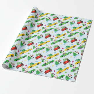 Papier Cadeau Machines avec des arbres et des pingouins de Noël