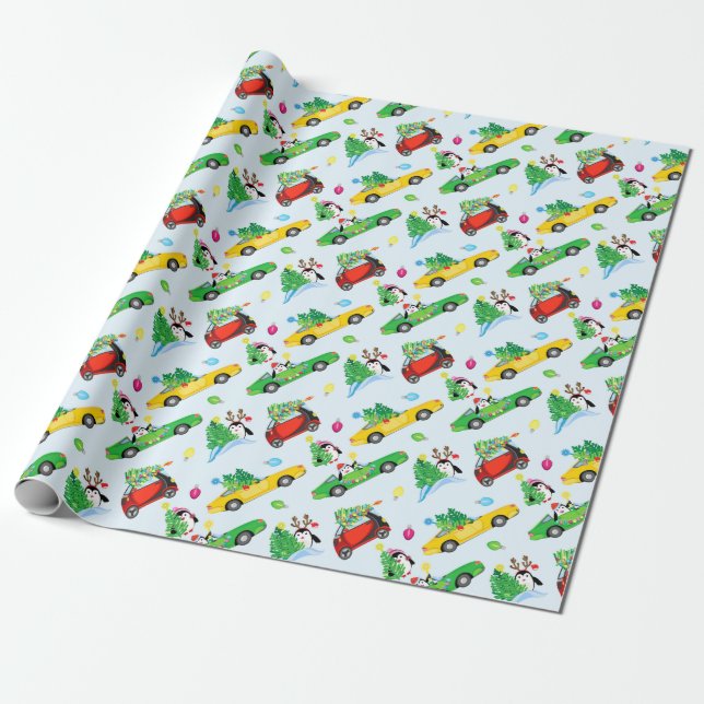 Papier Cadeau Machines avec des arbres et des pingouins de Noël (Déroulé)