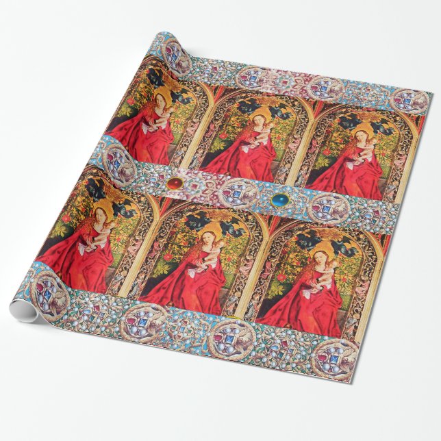 PAPIER CADEAU MADONNA DE ROSE BOWER RED BLUE GEMSTONES, PERLES (Déroulé)