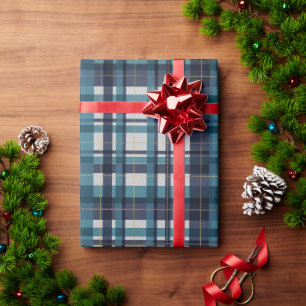 Papier Cadeau Madras blanc turquoise or traditionnel plaid