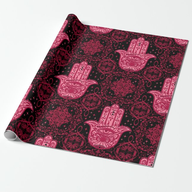 Papier Cadeau Magenta Hamsa main sur le noir Belle (Déroulé)