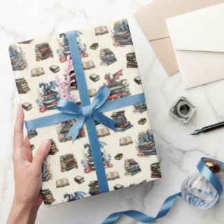 Papier Cadeau Magical Dragons & Books on Light Yellow