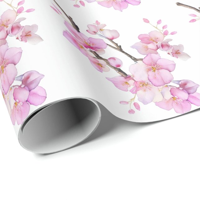 Papier Cadeau Magnifiques fleurs de cerisier Sakura à l'aquarell (Coin rond)