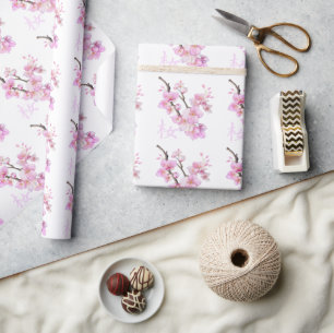 Papier Cadeau Magnifiques fleurs de cerisier Sakura rose en aqua