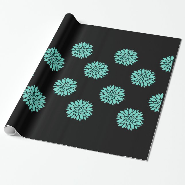 Papier Cadeau Magnifiques pivoines Turquoises sur enveloppement  (Déroulé)