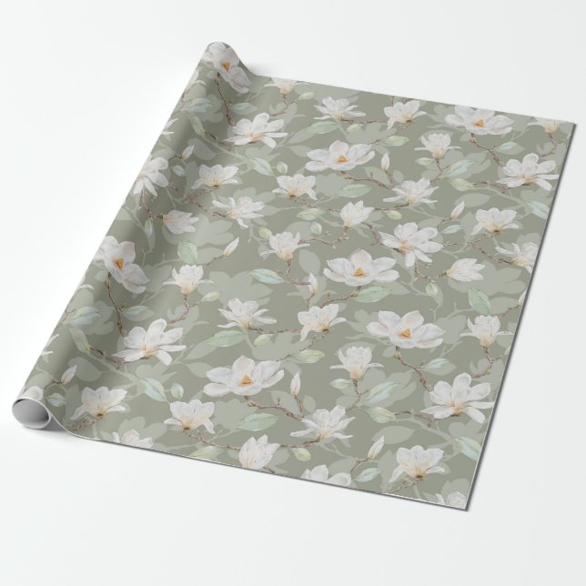 Papier Cadeau Magnolia blanche peinte à la main sur Mossy Green (Déroulé)