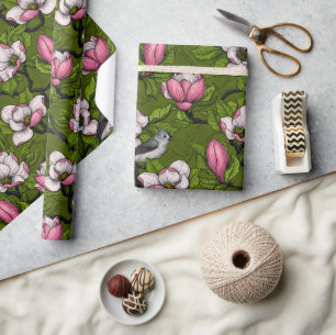 Papier Cadeau Magnolia en floraison et oiseau de tireur 2
