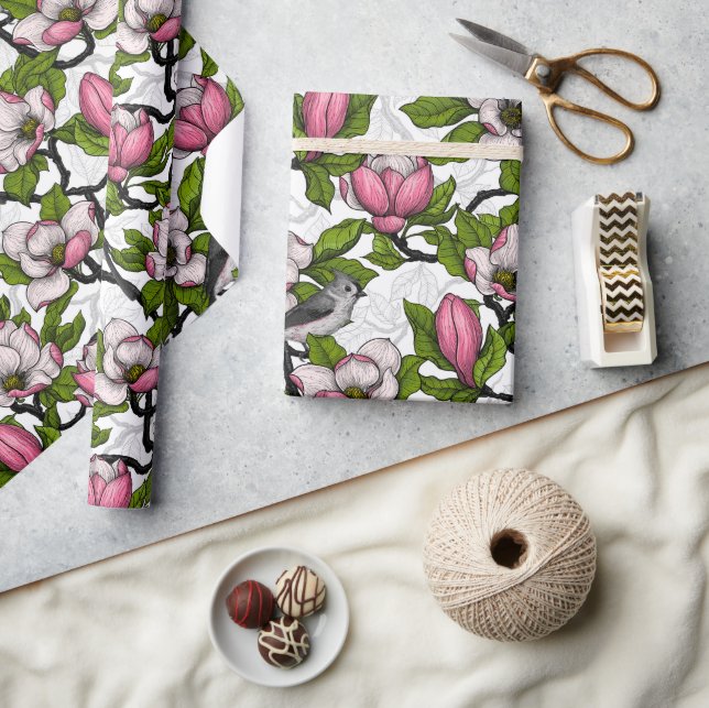 Papier Cadeau Magnolia en floraison et tireur (Artisanat)